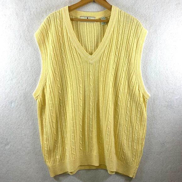 VTG John Ashford Men Linen Cotton Cable Knit Sweater Vest Sz L Butter Yellow - Picture 1 of 10